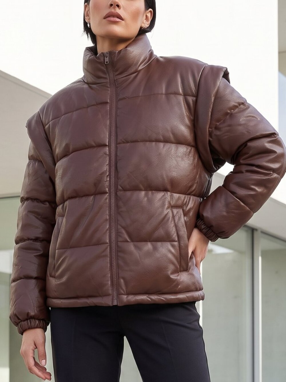 NWT $168 REVOLVE WeWoreWhat faux leather puffer jacket w removable sleeves S